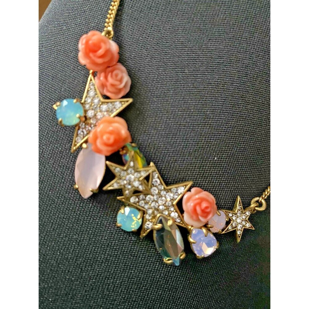 J Crew Necklace Rhinestone Star Peach Rose Green Aurora Borealis Opaque Crystals - Picture 1 of 6